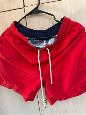 Polo by Ralph Lauren Red Men's Swim Trunks with Navy Waistband